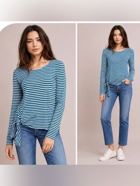Anthropologie T.la Teal Striped Tie Front Long Sleeve Knit Top
